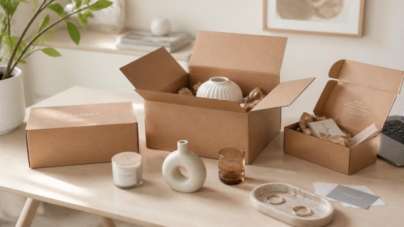 Colis et petits objets déco déballés sur un bureau lumineux