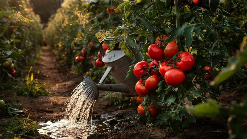Arrosage au pied de plants de tomates dans un potager ensoleillé