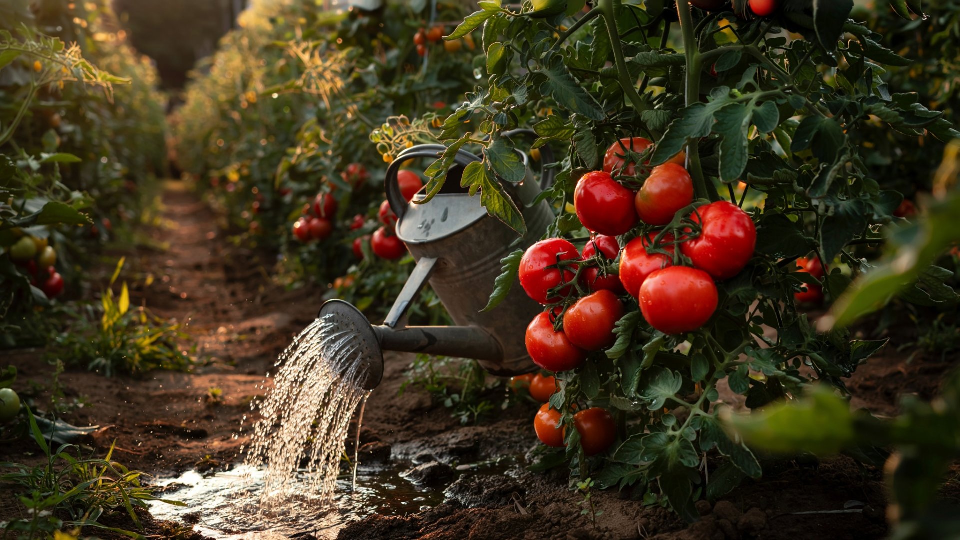 Arrosage au pied de plants de tomates dans un potager ensoleillé