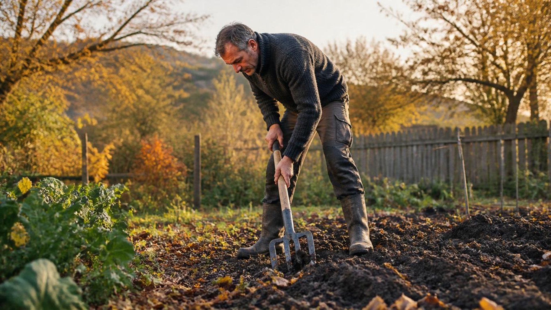 Jardinier bêchant la terre d'un potager à la fourche-bêche en automne