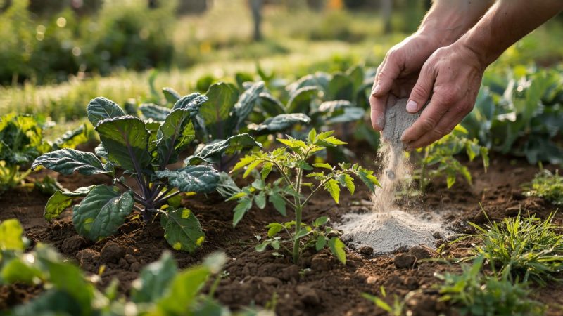 Jardinier épandant des cendres de bois au pied de plants dans un potager