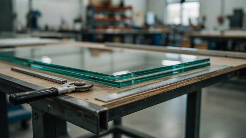 Feuille de verre trempé sur un établi d'atelier avec outils de découpe