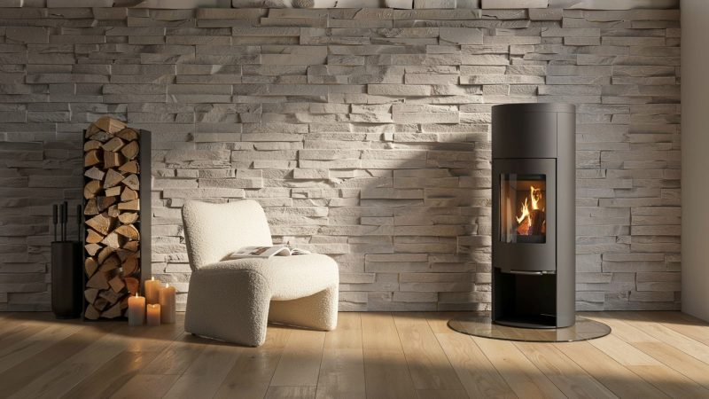 Mur en parement de pierre décoratif derrière un poêle à bois