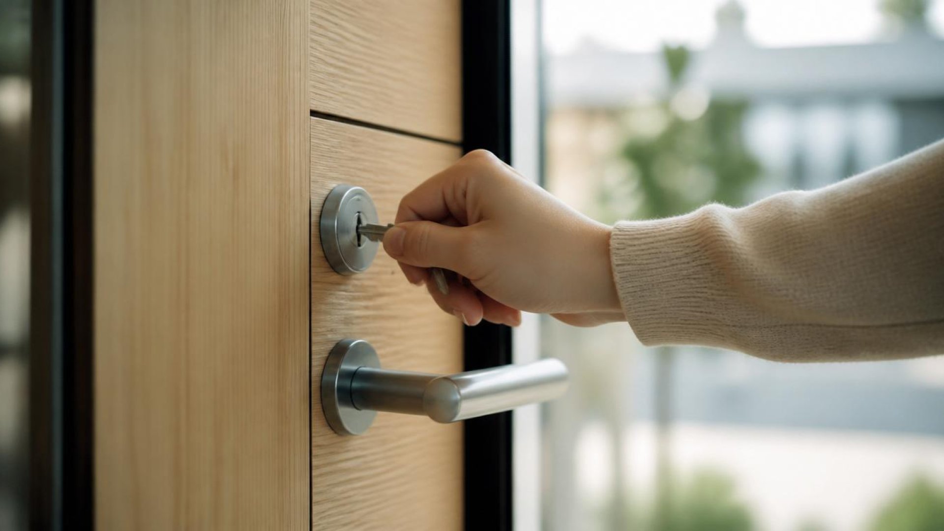 Main ouvrant une serrure de porte d'entrée avec une clé