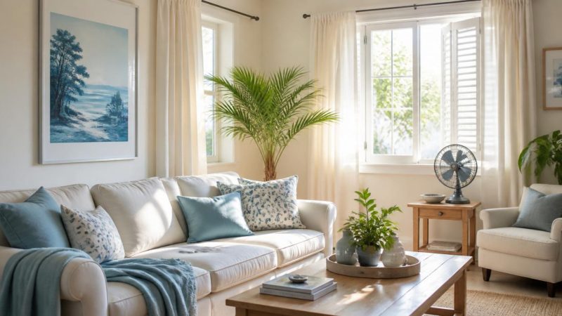 Salon gardé frais en été avec volets mi-clos et ventilateur