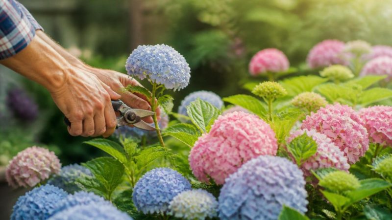 Taille d'un hortensia en fleurs au sécateur dans un jardin