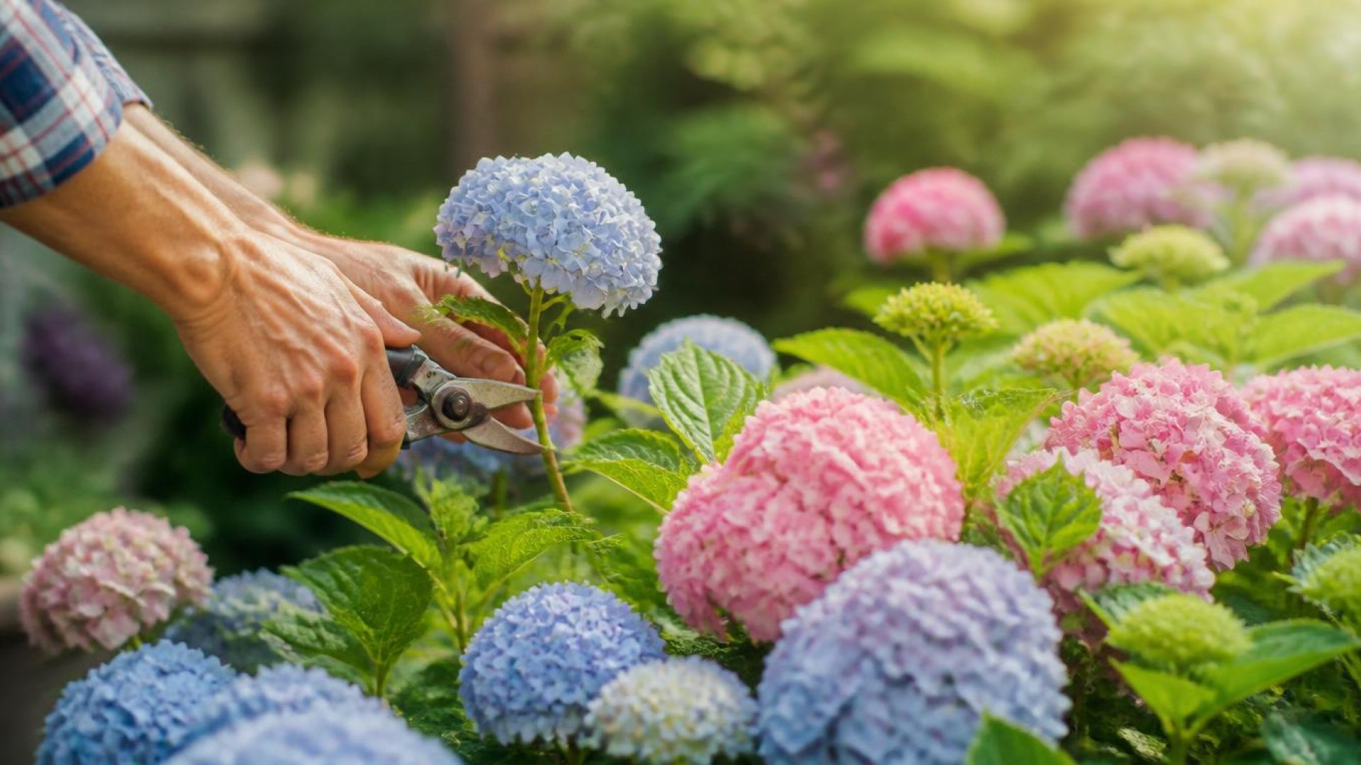 Taille d'un hortensia en fleurs au sécateur dans un jardin