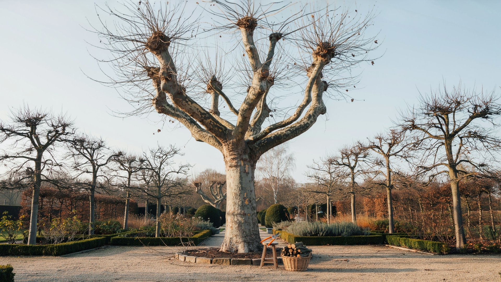 Platane taillé en hiver dans un jardin sous un ciel clair