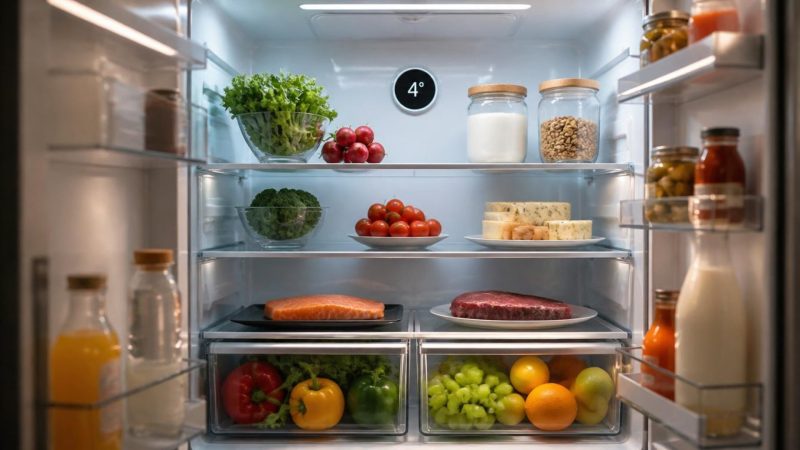 Réfrigérateur bien rangé avec thermomètre affichant la bonne température